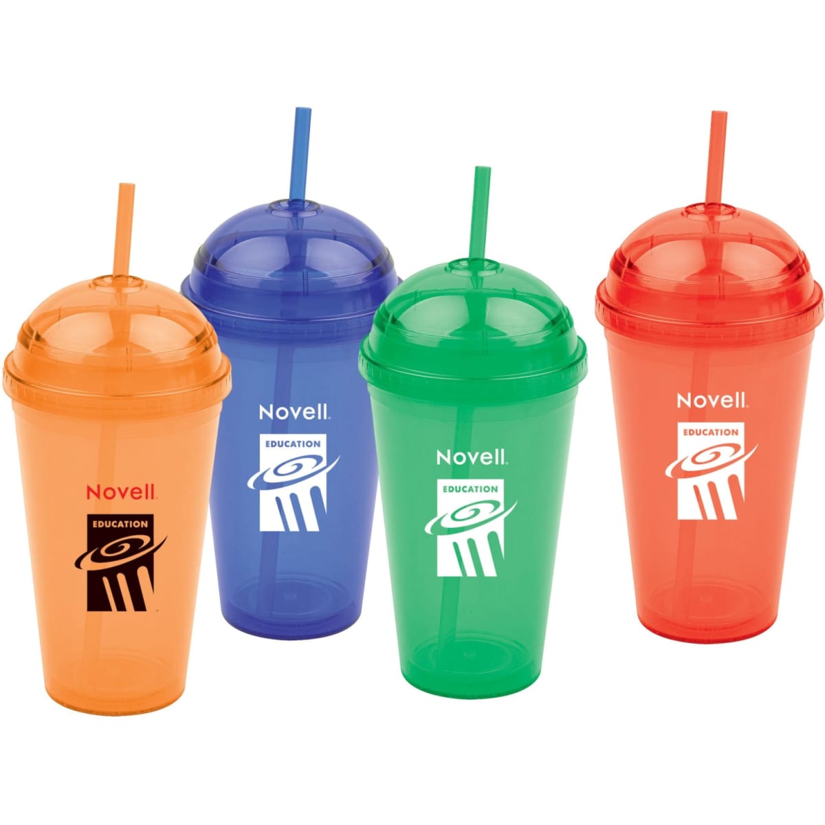 Four plastic cups with domed caps in orange, blue, green, and red, each with a logo printed on the front.