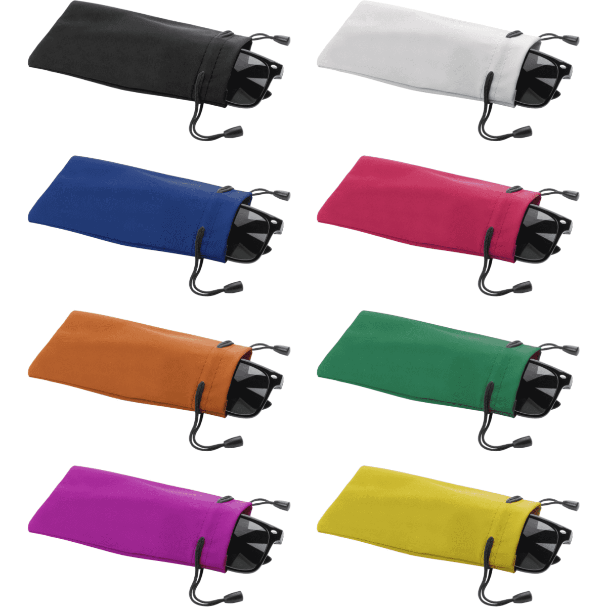 A set of eight Milla Pouches in black, white, blue, orange, green, pink, purple, and yellow, each with drawstring closures.