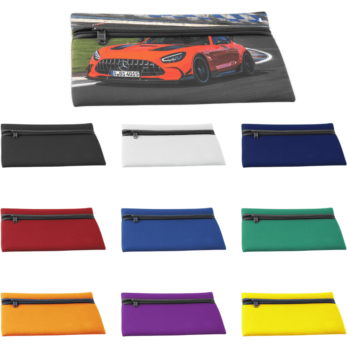 A neoprene pencil case featuring a sports car design, available in various colours including black, white, red, blue, green, orange, purple, and yellow.