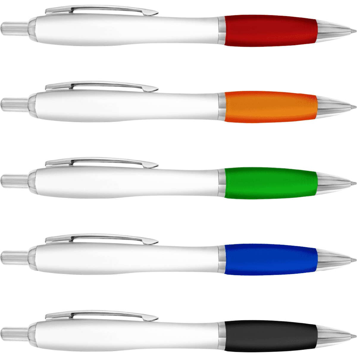 A collection of five plastic pens in red, orange, green, blue, and black, featuring a white barrel and a logo.