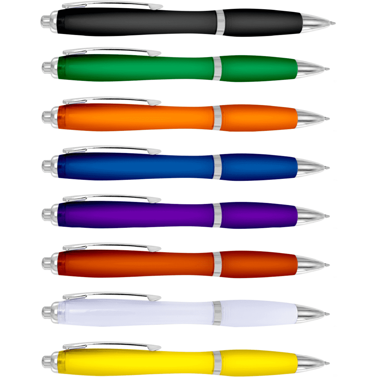 A collection of plastic pens in black, green, orange, blue, purple, clear, and yellow with silver accents.