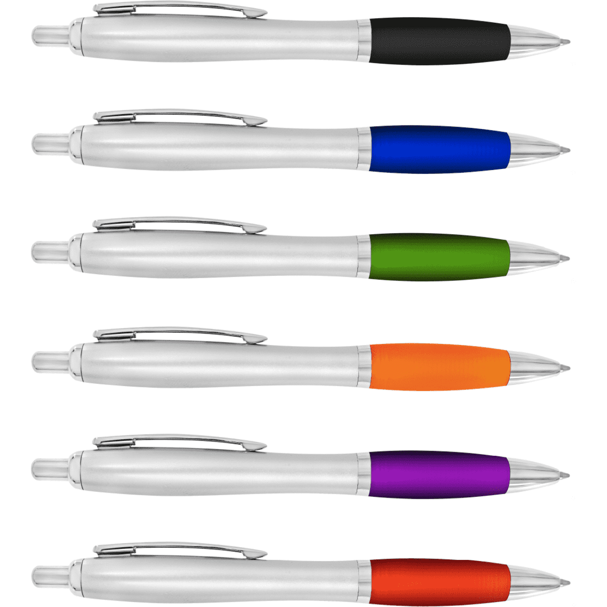 A set of six plastic pens in black, blue, green, orange, purple, and red, with silver accents and a logo.