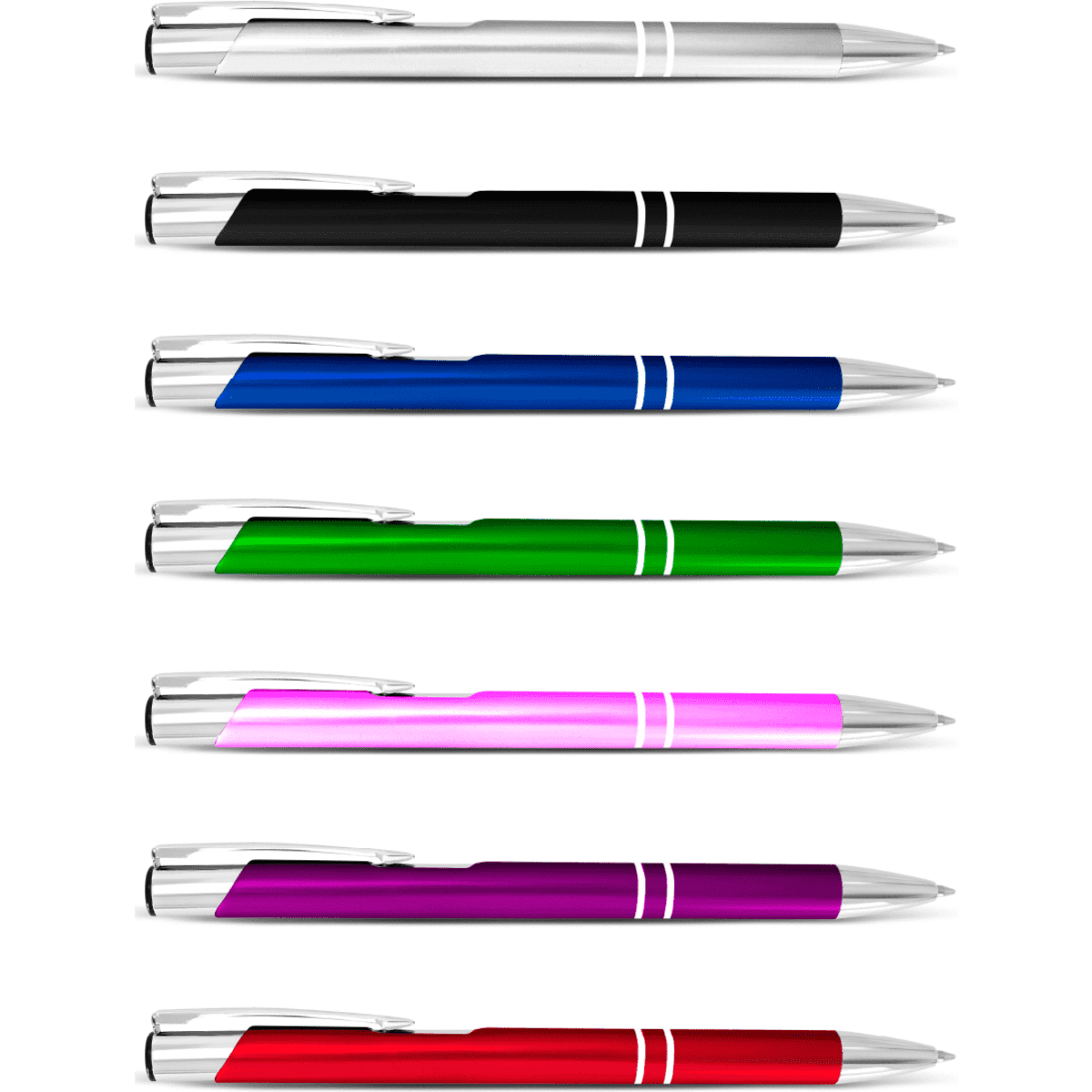 A collection of Slimline metal pens in various colours: silver, black, blue, green, pink, purple, and red.
