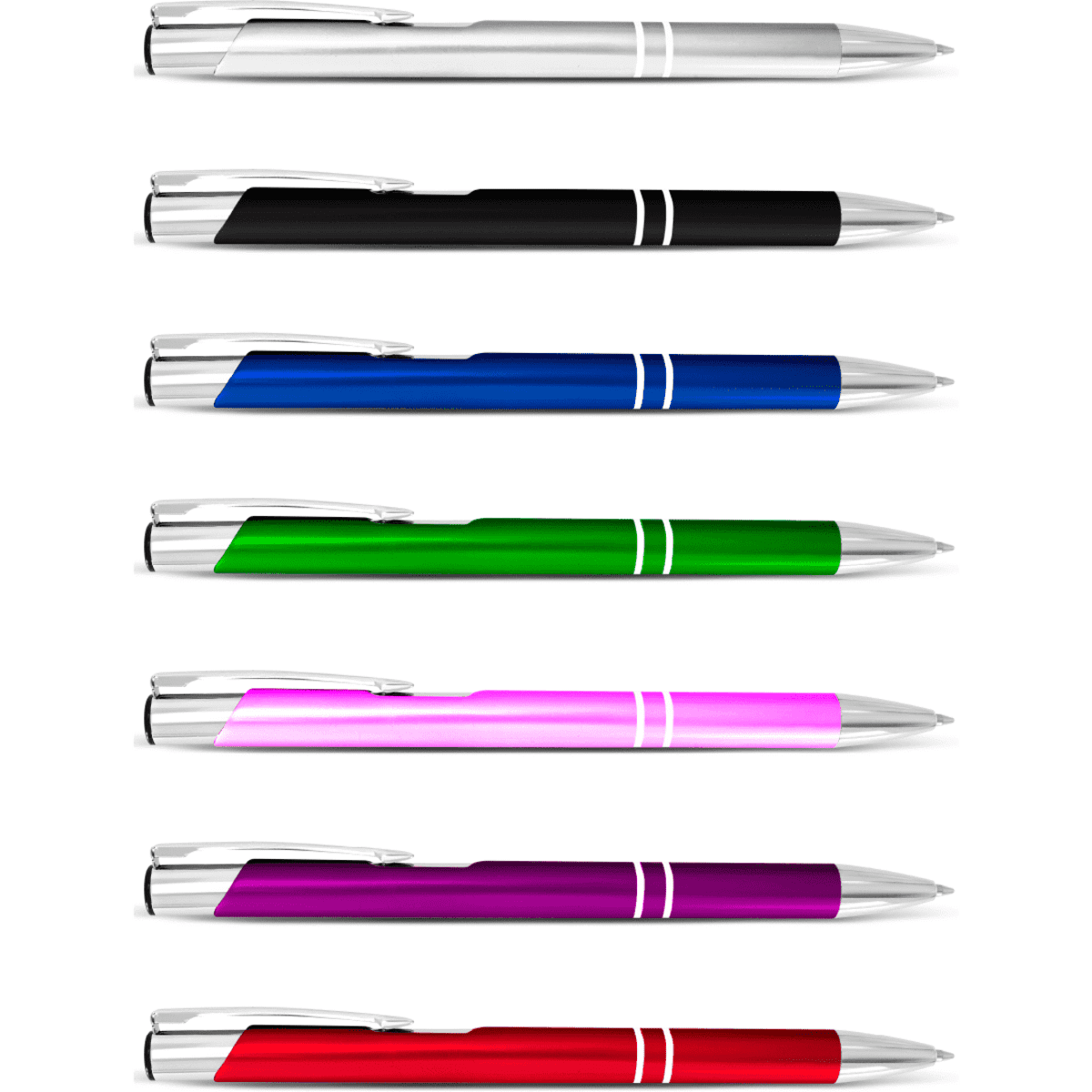 A selection of metal pens in black, blue, green, pink, purple, and red, featuring silver accents and a logo.