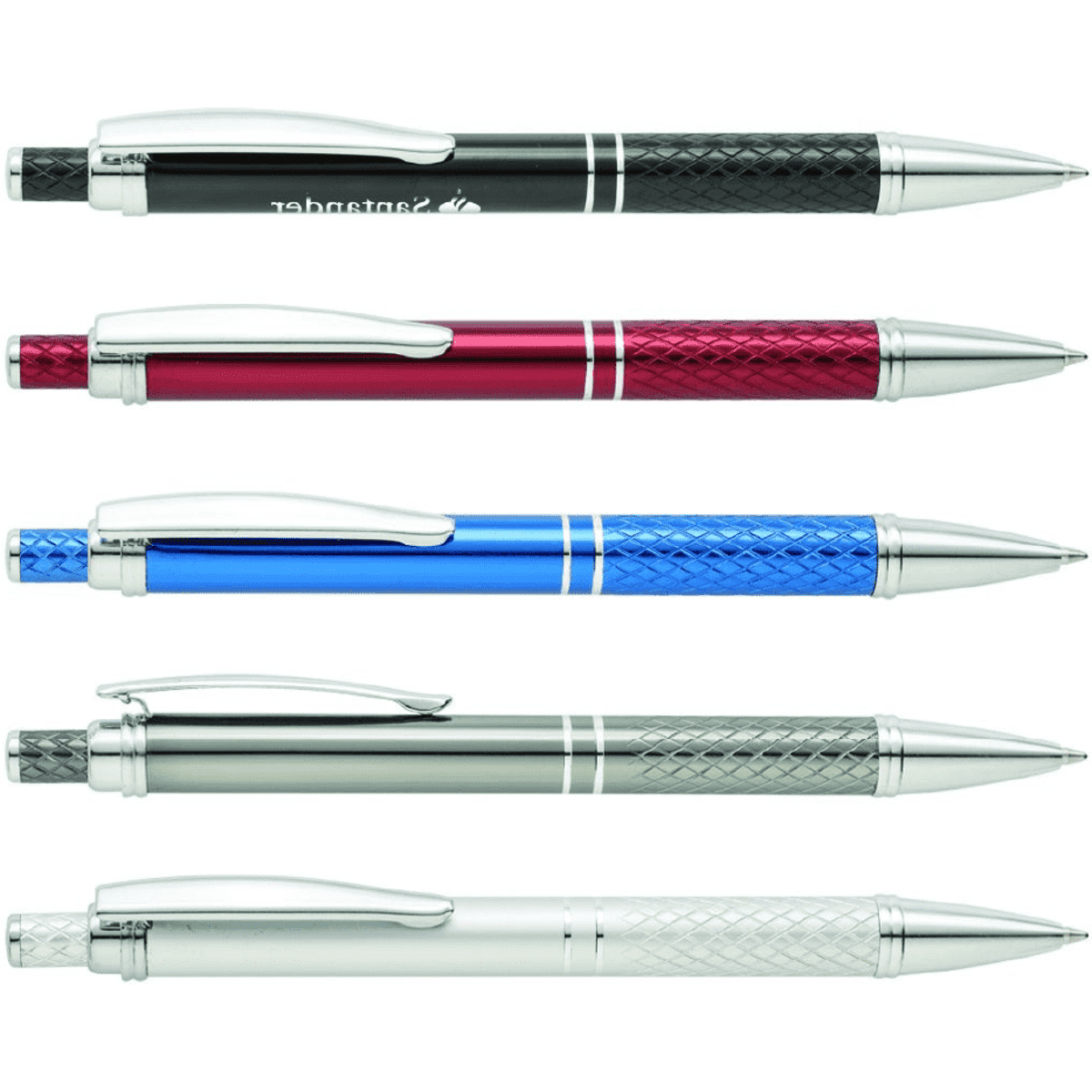A collection of five metal pens in black, red, blue, silver, and grey with a branded logo on each.
