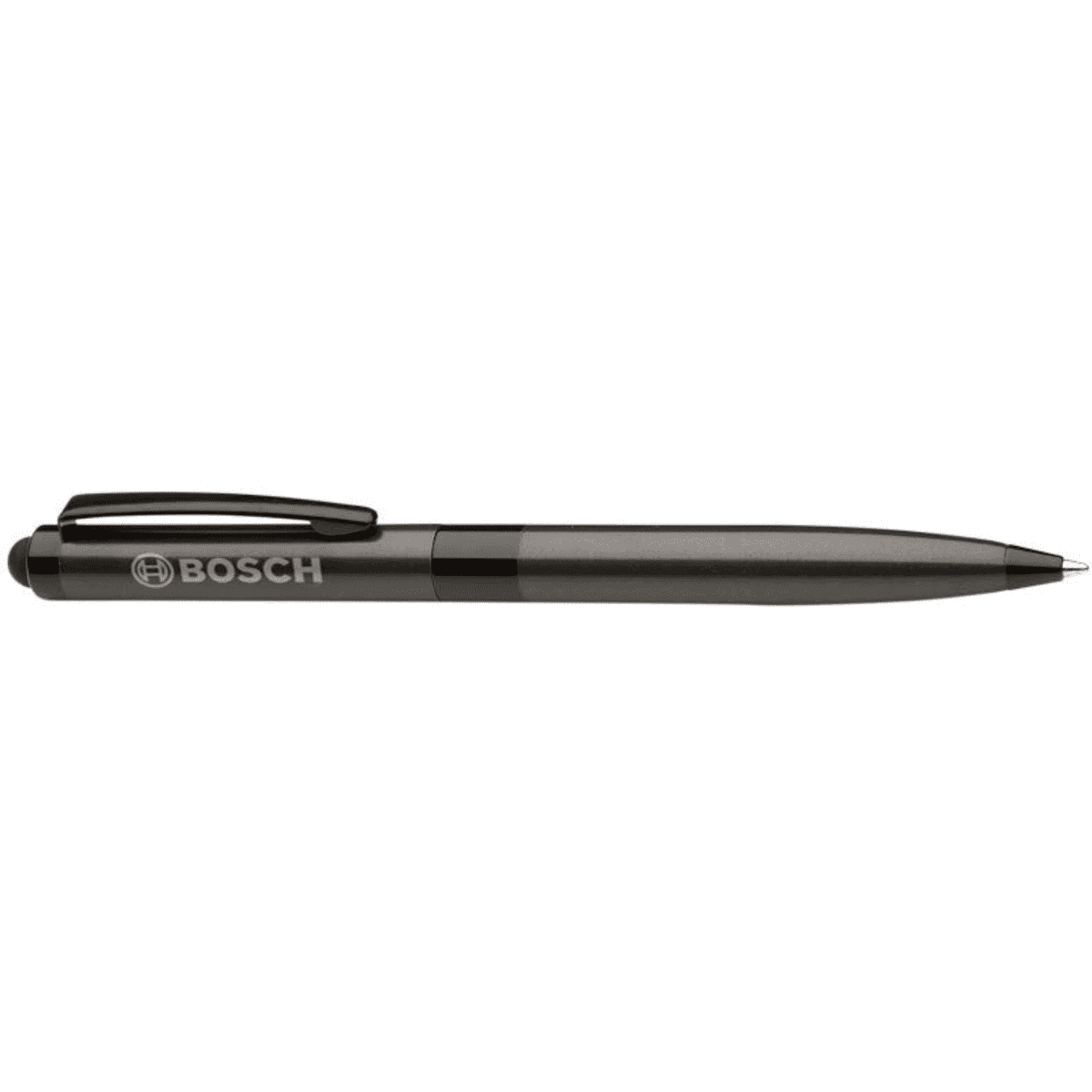A stylus pen in black with a sleek design and a logo on the side.