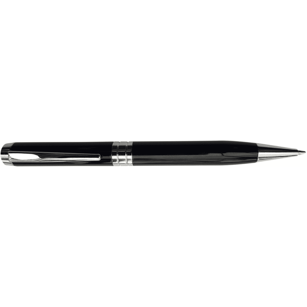 A black metal pen with silver accents and a clip, featuring a sleek design and a polished finish.