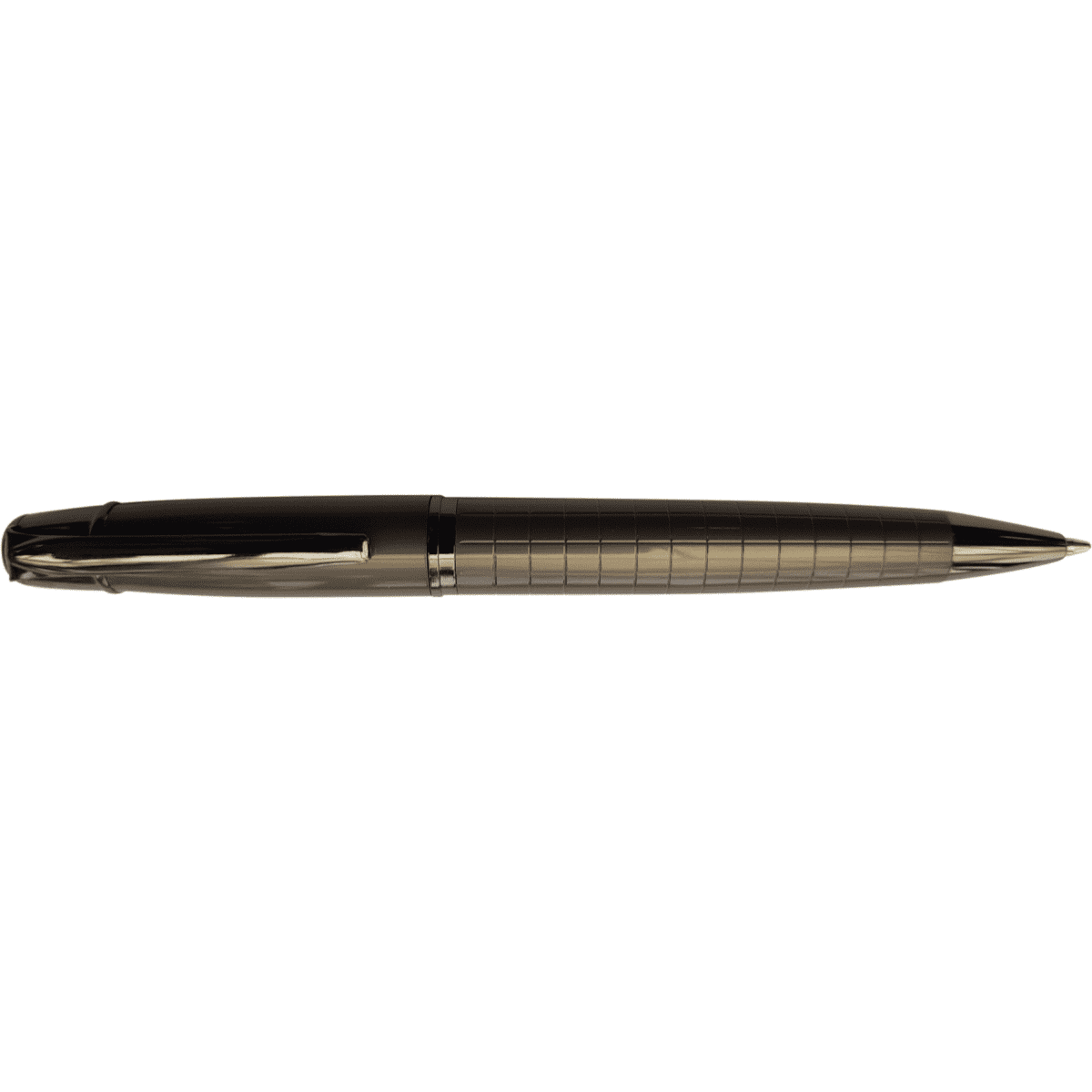 A metal pen in a sleek, dark grey finish with a textured grid design and a shiny clip.