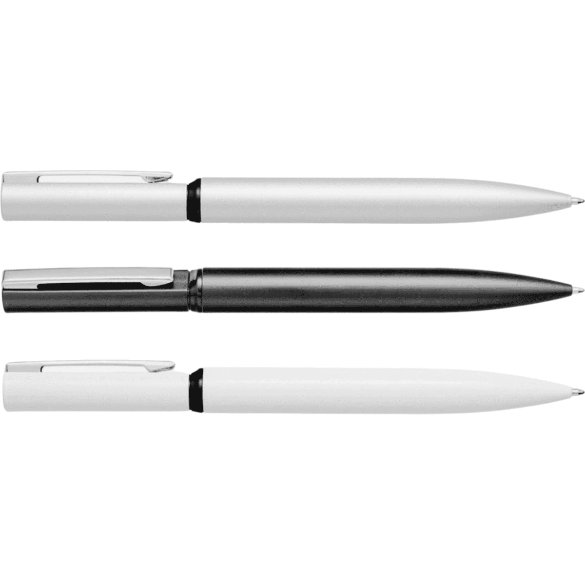 A set of three metal pens in silver, black, and white, featuring a sleek design and a logo on the silver pen.