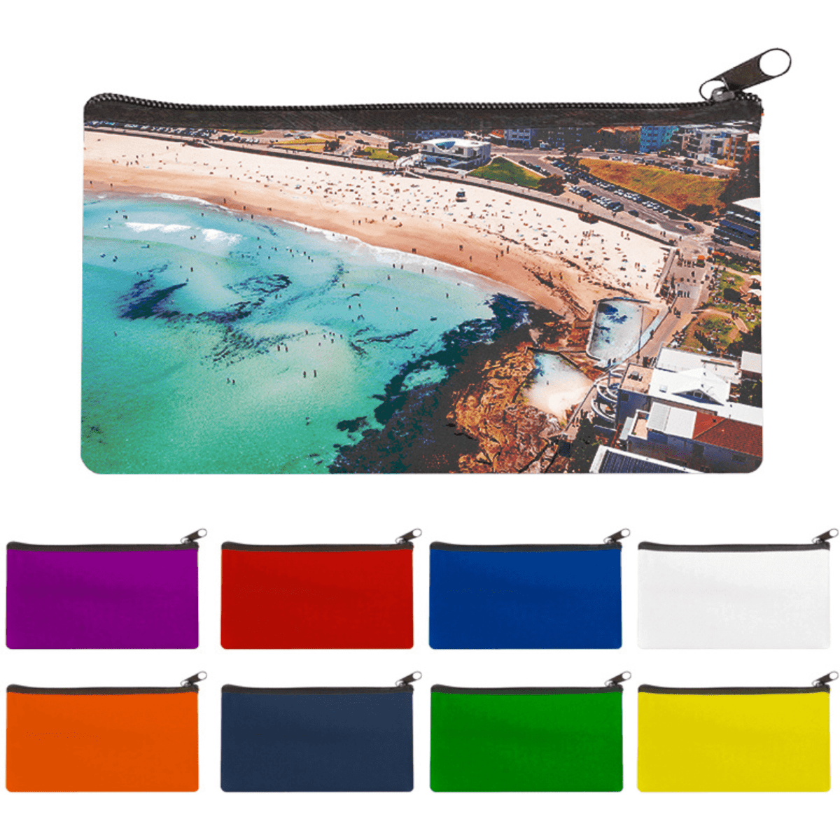 A large neoprene pencil case in multiple colours, featuring an aerial beach image on one side and a zip closure.
