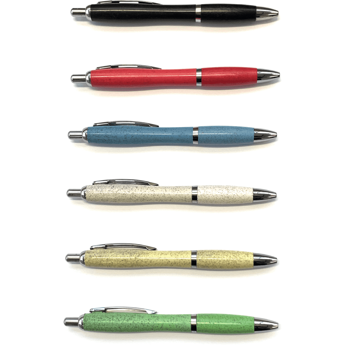 A collection of six plastic pens in black, red, blue, cream, yellow, and green, each with a metallic finish and a logo.