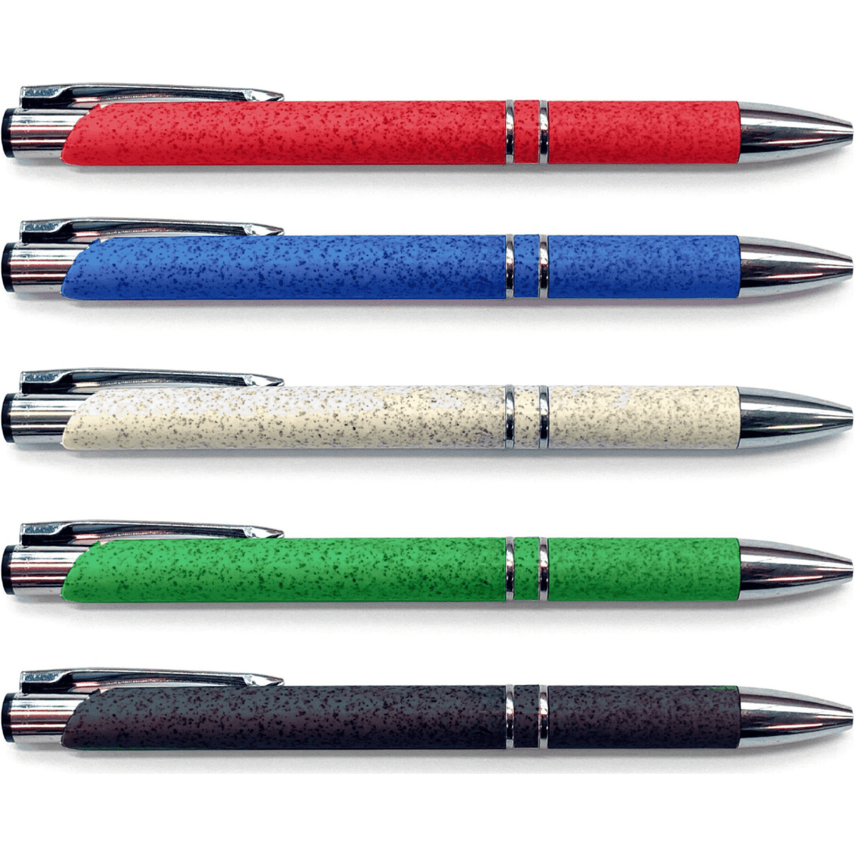 A collection of slimline pens in red, blue, beige, green, and brown, featuring silver accents and a branding logo.
