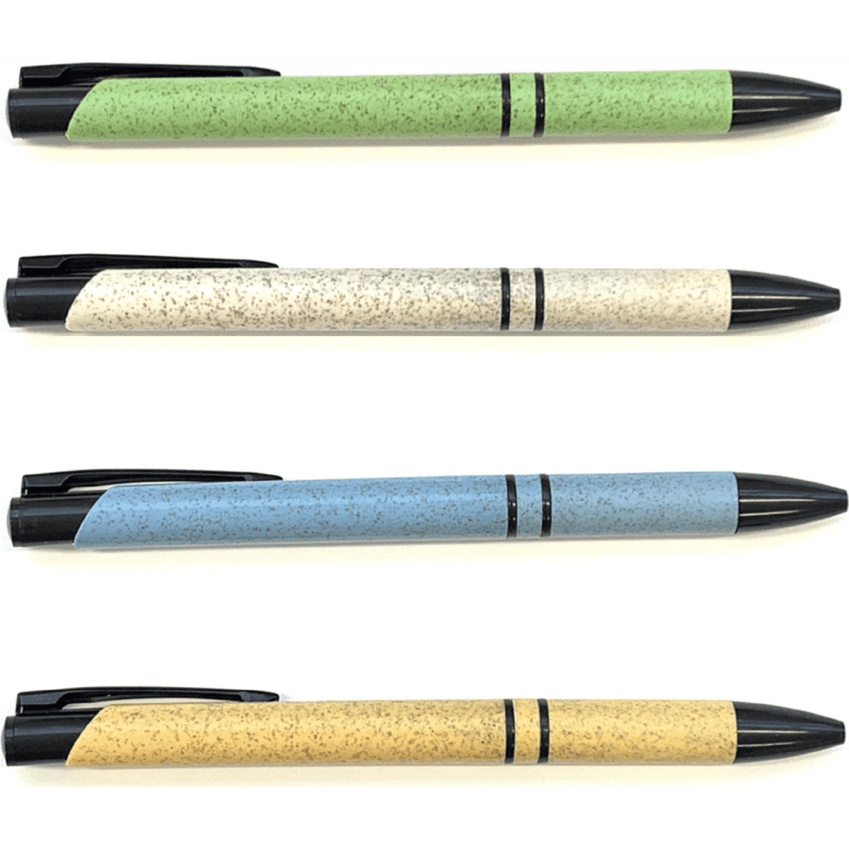 Three slimline pens in green, blue, and yellow with black accents; each pen features a smooth, textured finish.