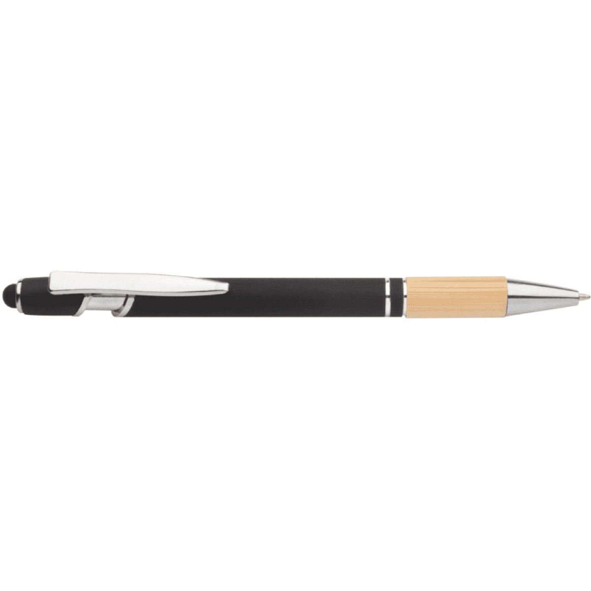 A black aluminium pen with a bamboo grip and silver accents, featuring a branding logo.