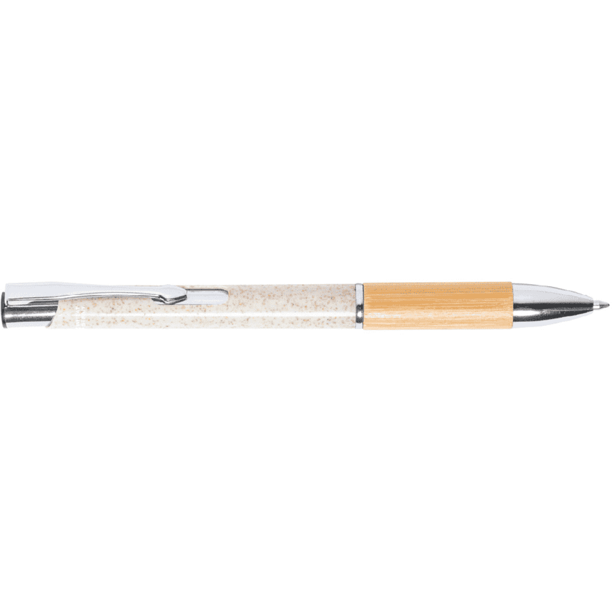A bamboo grip pen with a wheat straw body and chrome accents, featuring a wooden barrel.