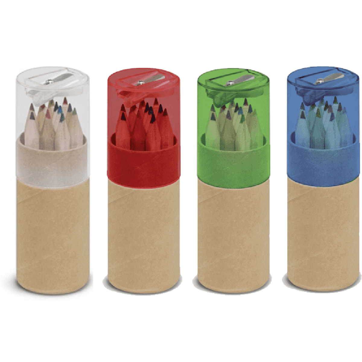 Four mini pencil tubes in red, green, clear, and blue, with various coloured pencils inside, featuring a logo.