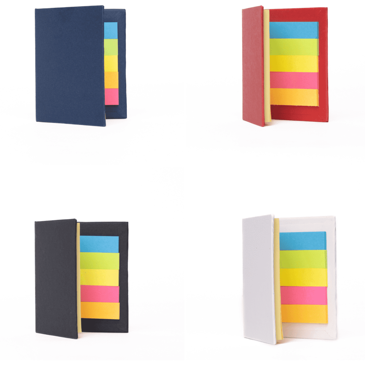 A sticky note book in four colours: navy blue, red, black, and white, each with vibrant paper in various pastel shades.