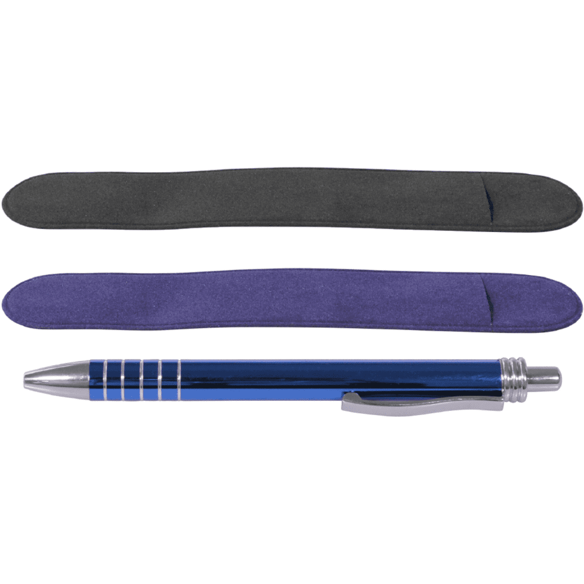 A pen pouch in black and purple with a silver pen, featuring a logo on the pen.