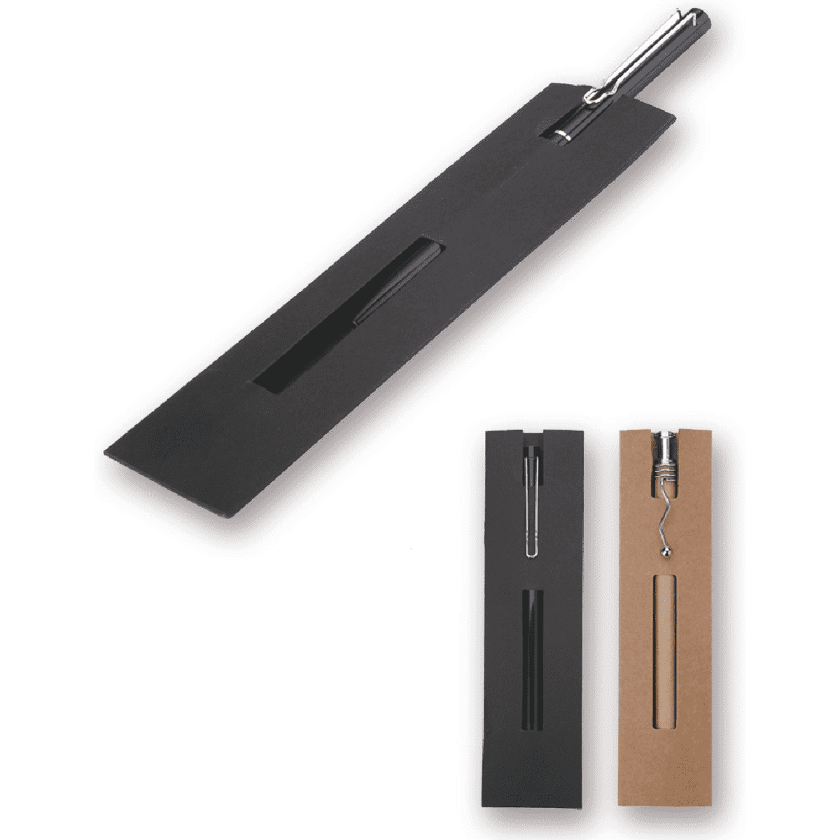 A recycled cardboard pen pouch in black and brown, featuring slots for holding pens, with a logo present.