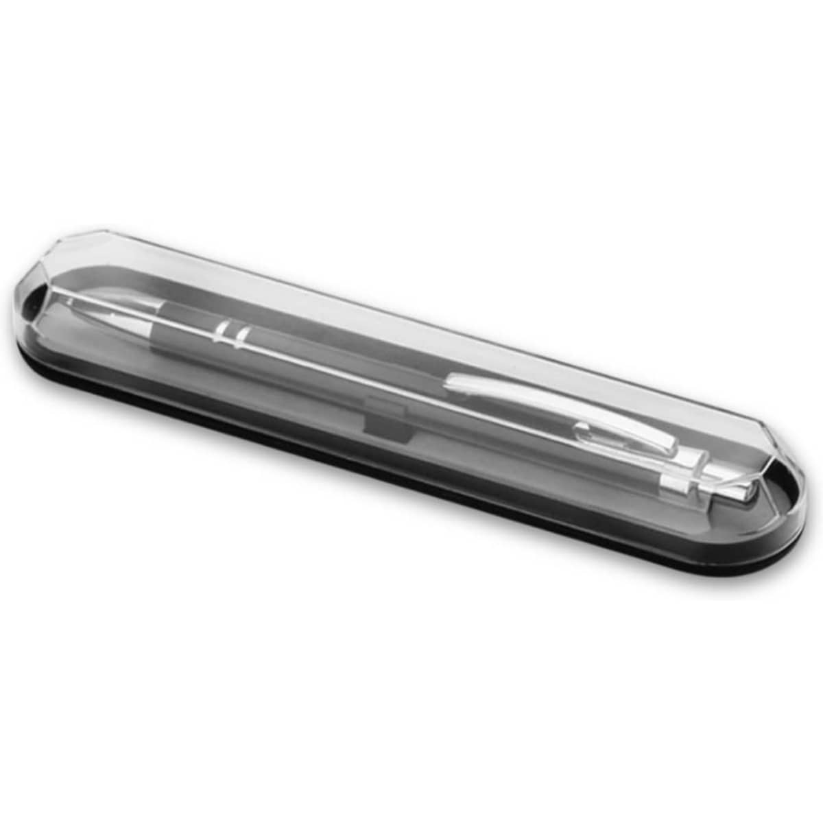 A clear pen box featuring a black and silver pen inside, with an angular, transparent lid.