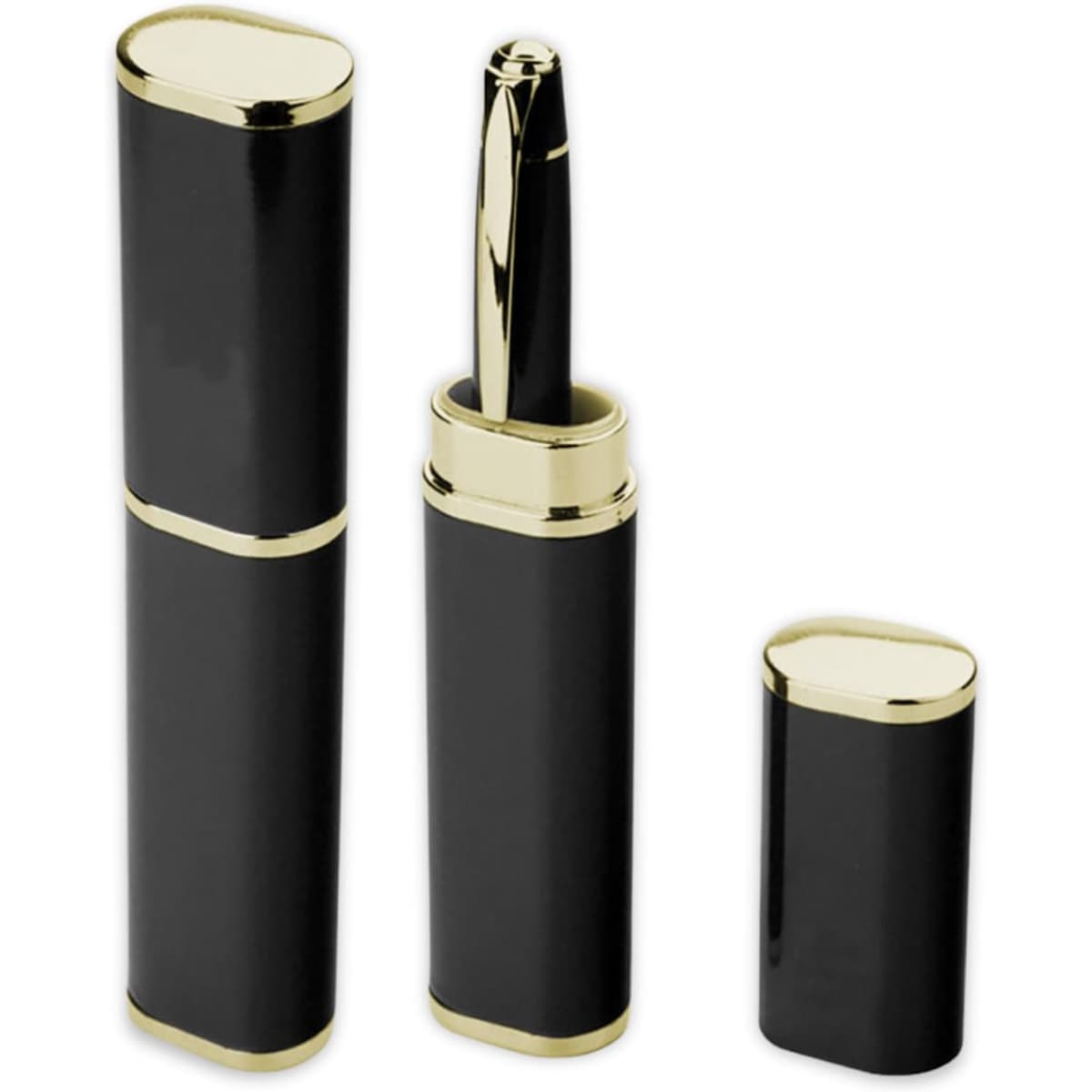 A sleek black aluminium gold pen box with a pen and a separate cap, featuring gold accents.