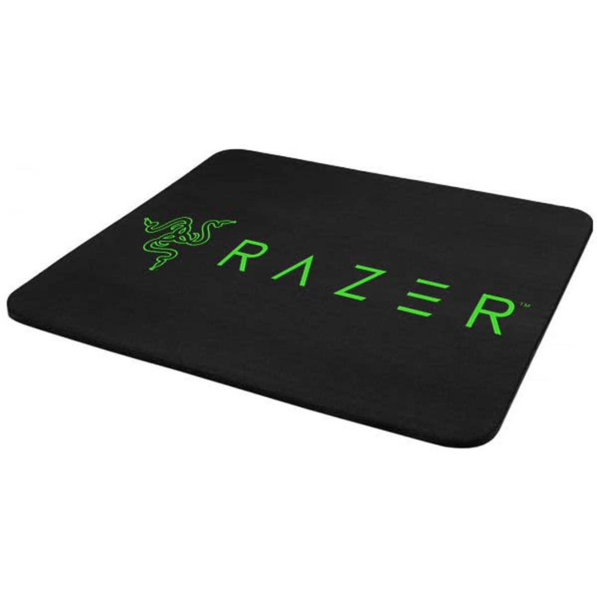 A black mouse mat with a textured top surface, featuring a green logo on one side.