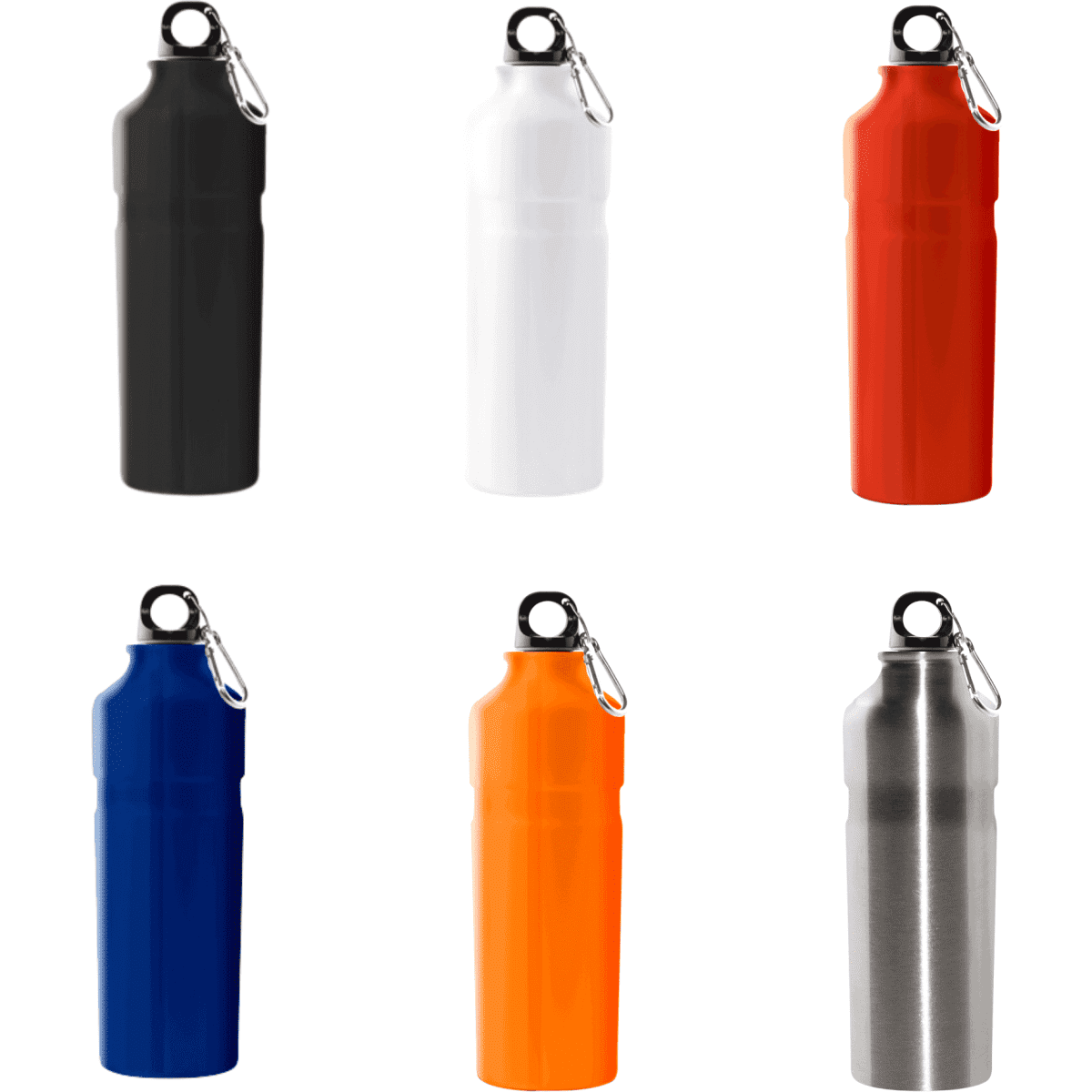A drink bottle collection featuring black, white, orange, red, blue, and stainless steel designs, with a clip on the lid.