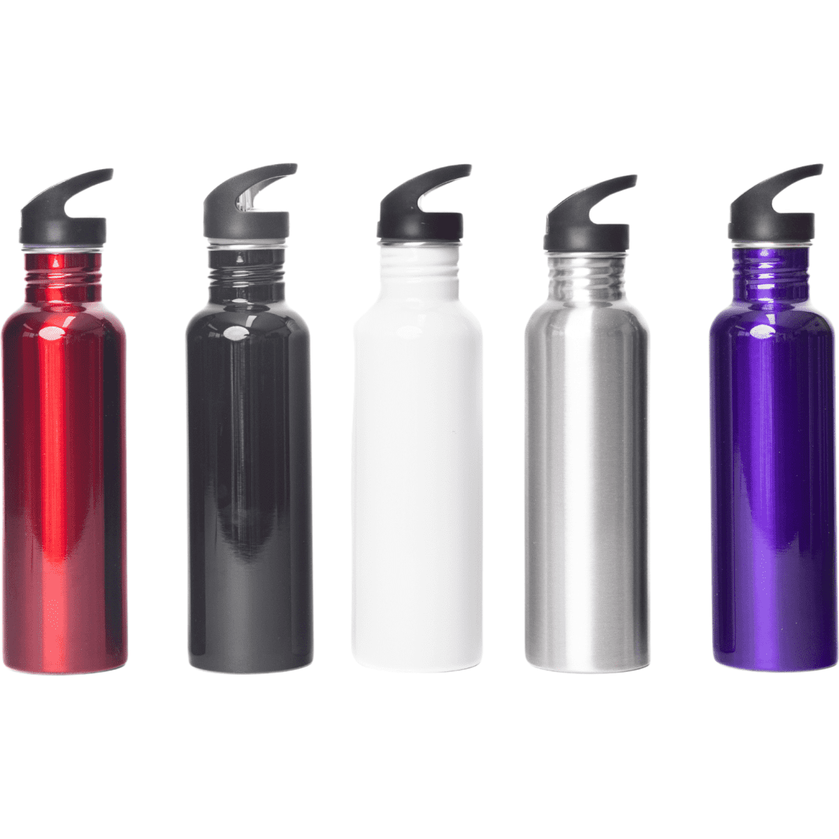 A drink bottle collection featuring red, black, white, silver, and purple options, all with black caps and a logo.