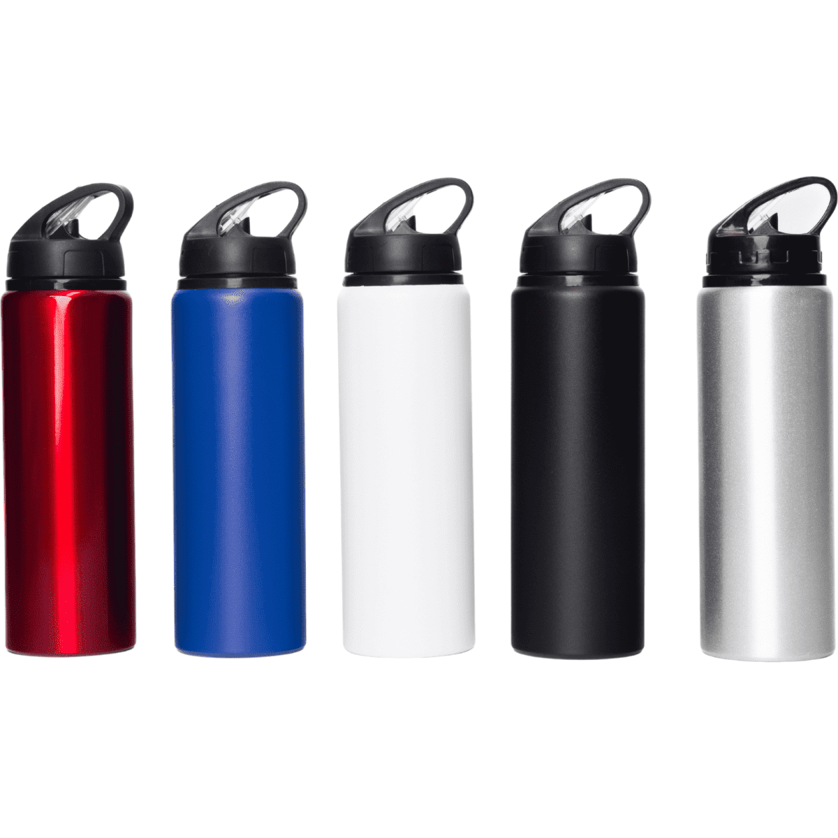 A drink bottle collection featuring red, blue, white, black, and silver aluminium bottles with straws and black lids.