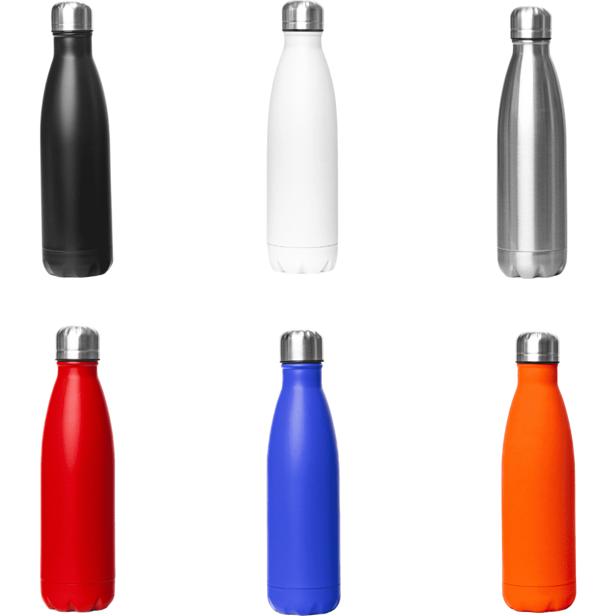 A drink bottle collection featuring black, white, stainless steel, red, blue, and orange colours with steel lids and a branding logo.