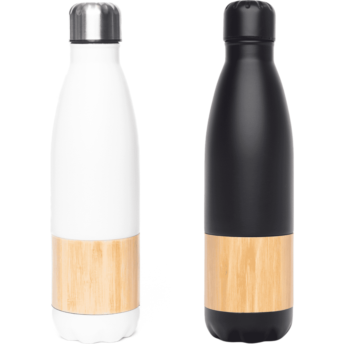 A drink bottle set featuring a white and a black vacuum bottle, both with a bamboo accent and a logo.