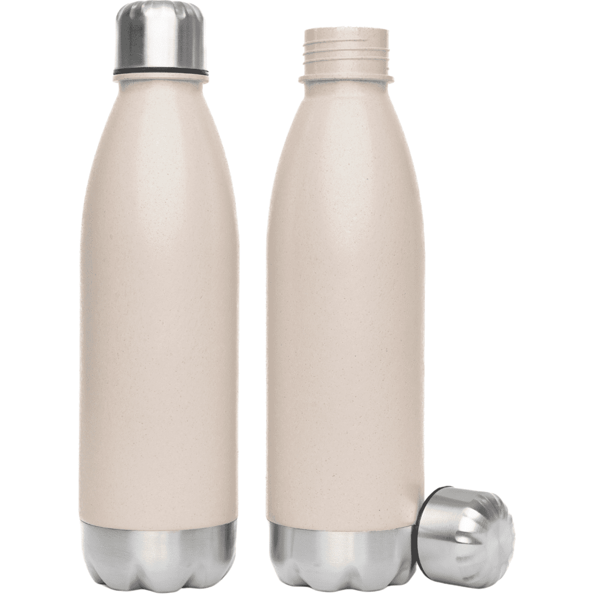 A drink bottle in beige with a stainless steel base and a matching screw cap, featuring a logo on the side.