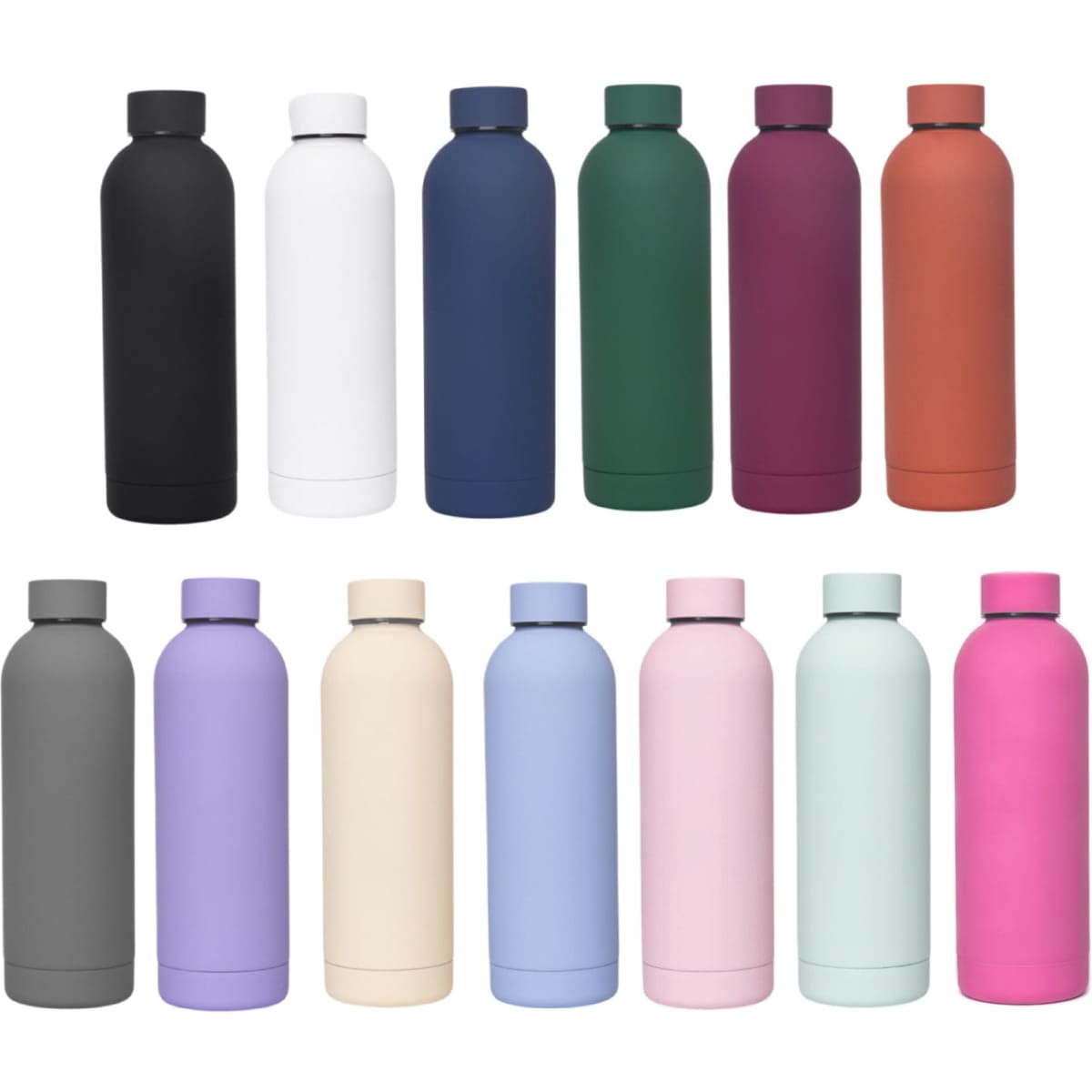 A drink bottle collection featuring 12 thermoses in various colours, including black, white, navy, green, purple, and pastel shades.