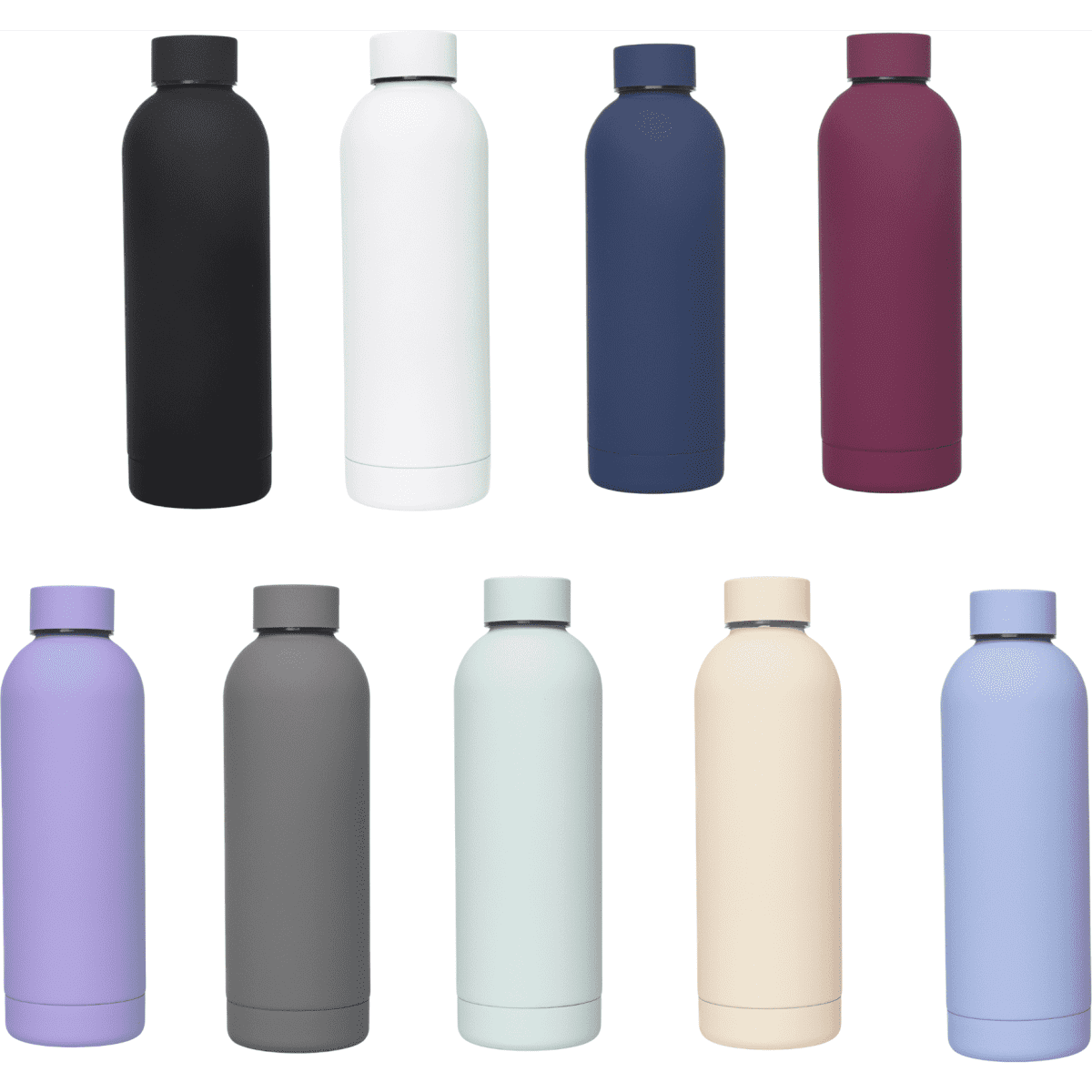 A drink bottle collection featuring ten single-wall bottles in black, white, navy, burgundy, lavender, grey, mint, and cream colours, with logos.