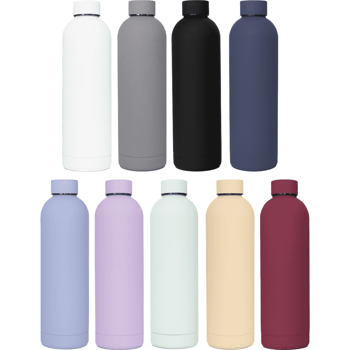 A drink bottle collection featuring various colours: white, grey, black, navy, lavender, pale blue, peach, and burgundy. Each bottle has a sleek design and a logo.