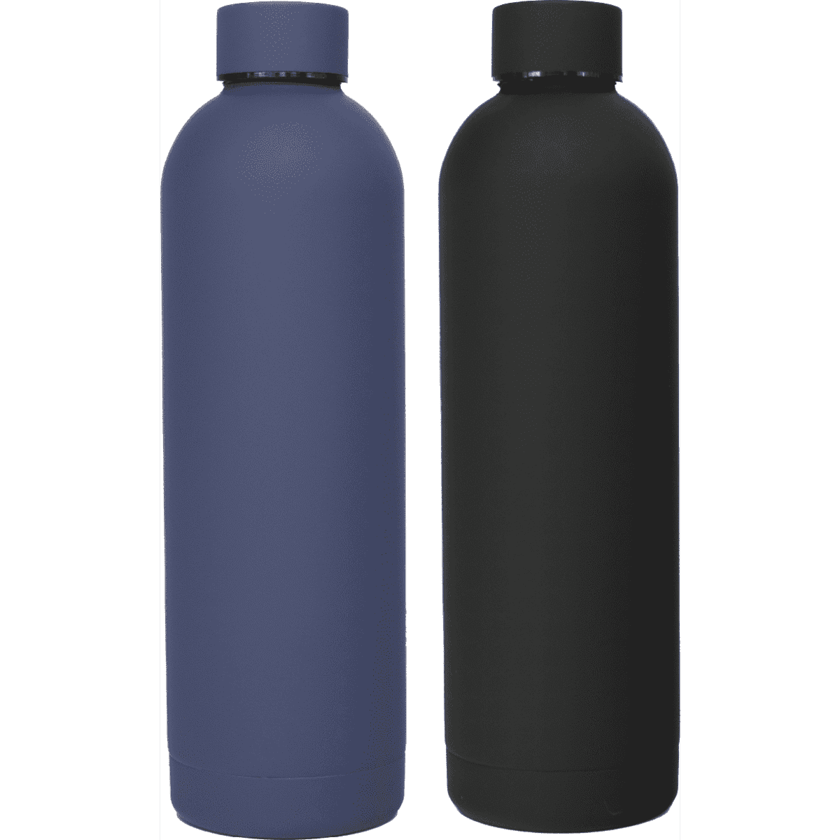 A drink bottle set featuring a blue single-walled bottle and a black single-walled bottle, both 1L in size.