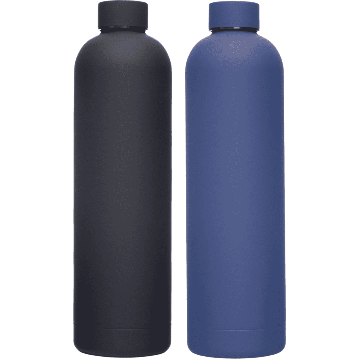 A drink bottle set featuring a matte black and a matte blue 1L vacuum bottle, both with a logo.