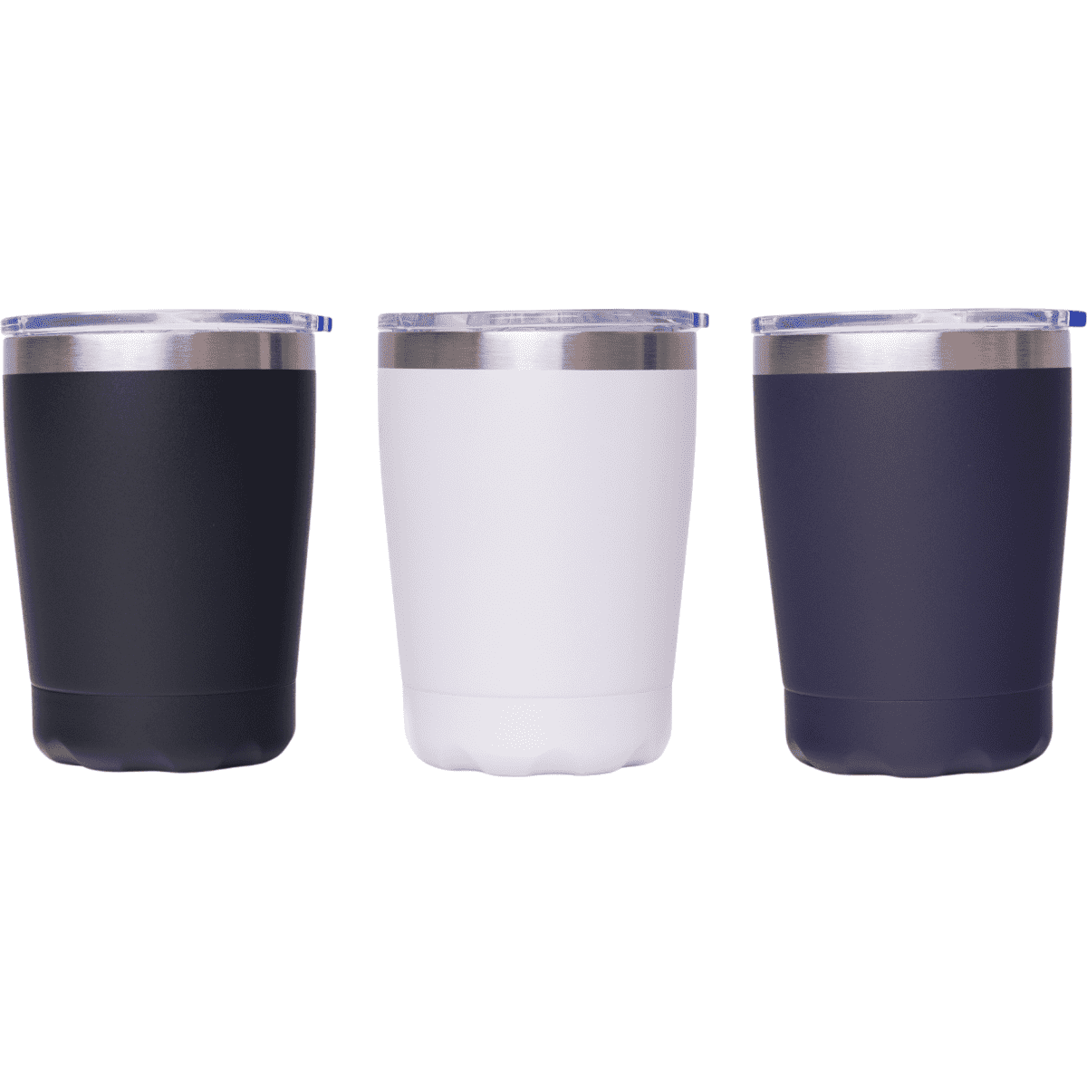 A drink bottle set featuring three tumblers in black, white, and dark navy, each with a stainless steel lid and a logo.