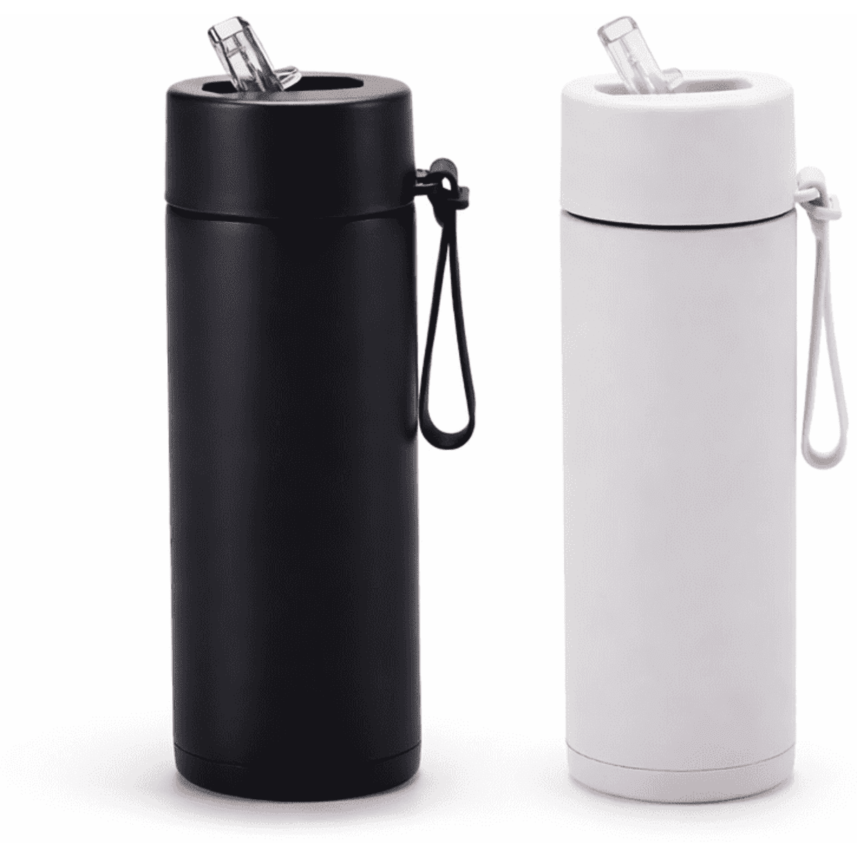 A drink bottle featuring a 650ml stainless steel thermos in black and white, with a silicone handle and a straw.