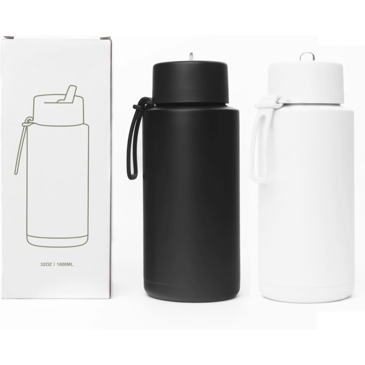 A drink bottle set featuring a black and a white 1L stainless steel bottle with silicone handles, packaged in a box.