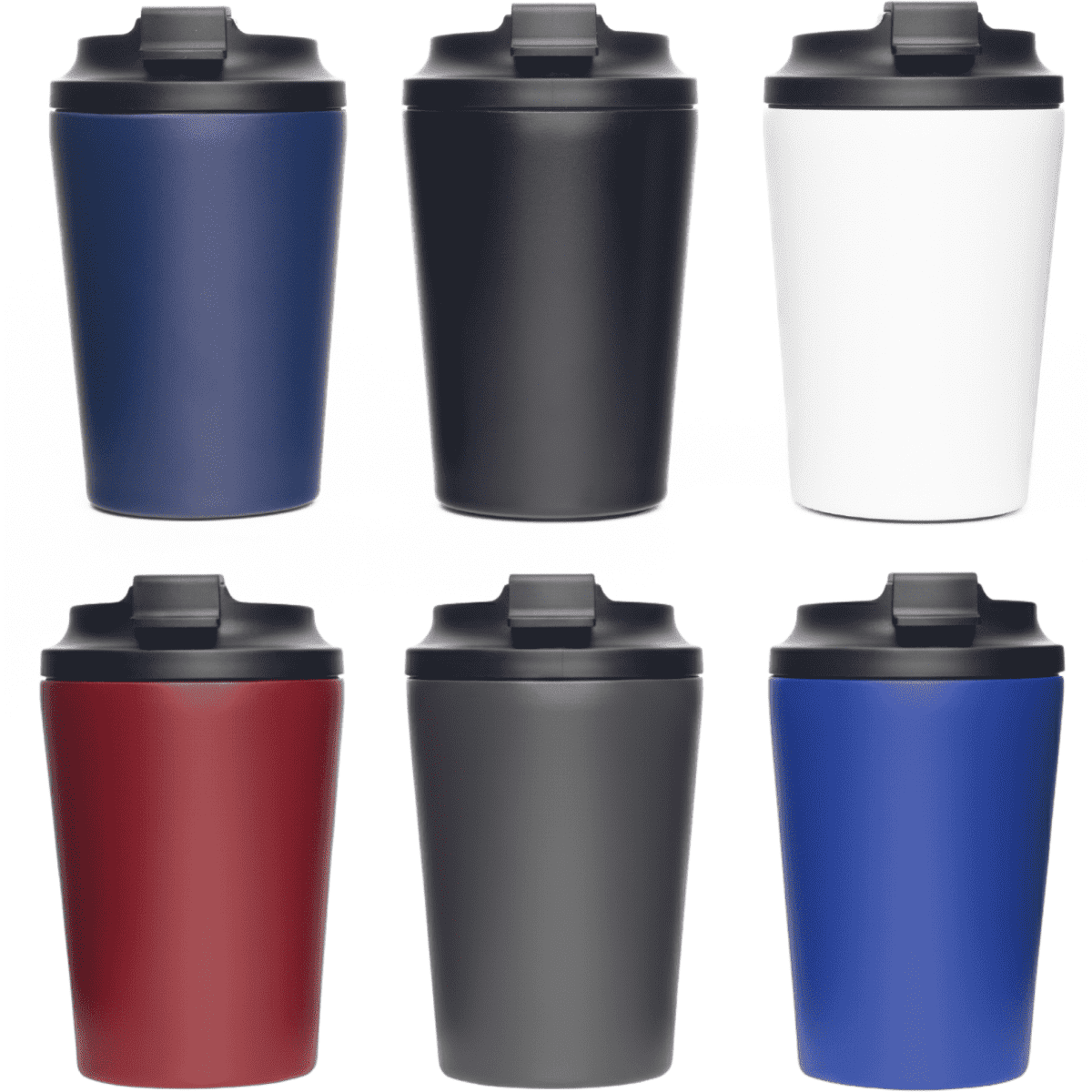 A drink bottle display featuring six Atlas 360ml double walled coffee cups in navy, black, white, burgundy, grey, and blue.