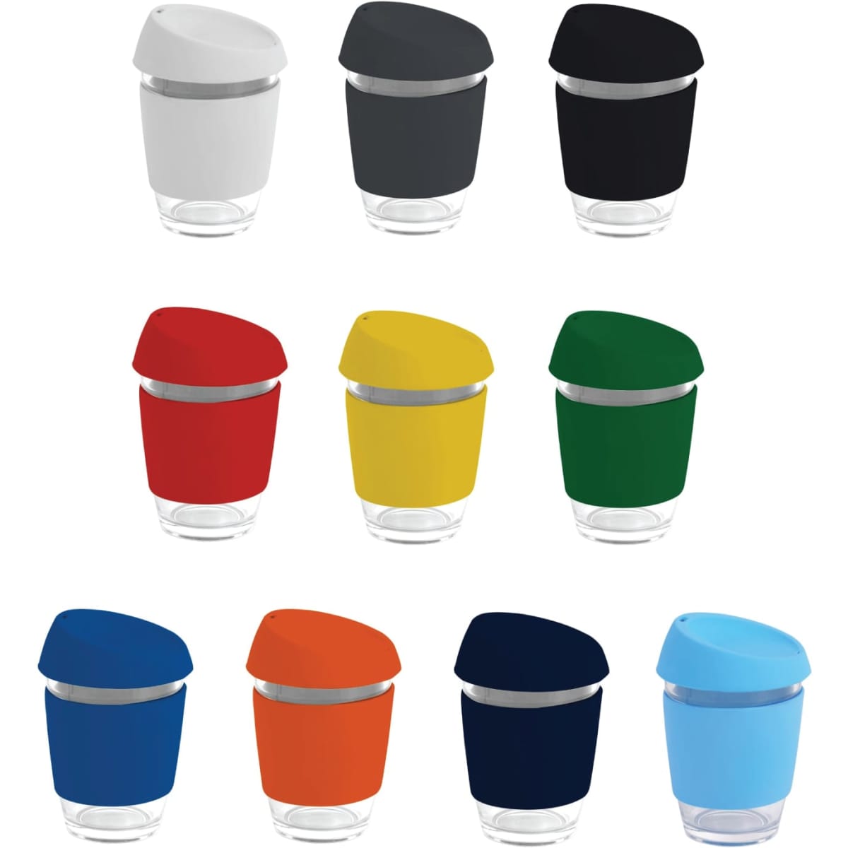 A set of reusable glass coffee cups in various colours, each with a silicon lid and band, featuring a logo.