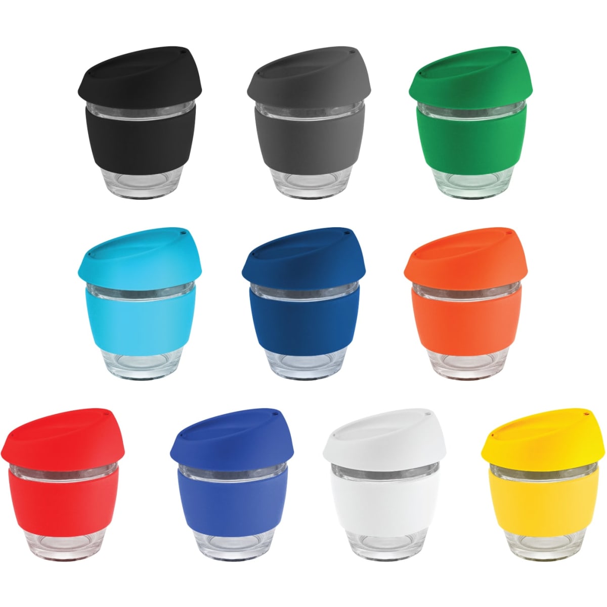 A collection of glass coffee cups in various colours with silicon lids and bands, featuring branding on some.
