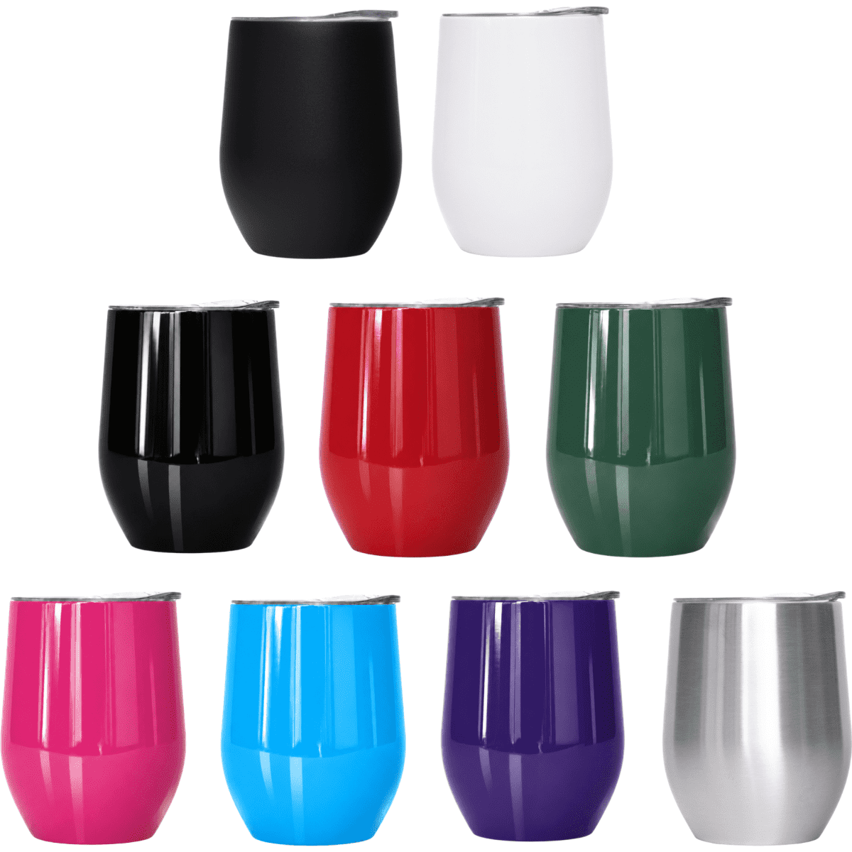 A collection of Kosmo metal coffee cups in various colours: black, white, red, green, blue, pink, purple, and stainless steel. Each cup has a lid and features a logo.