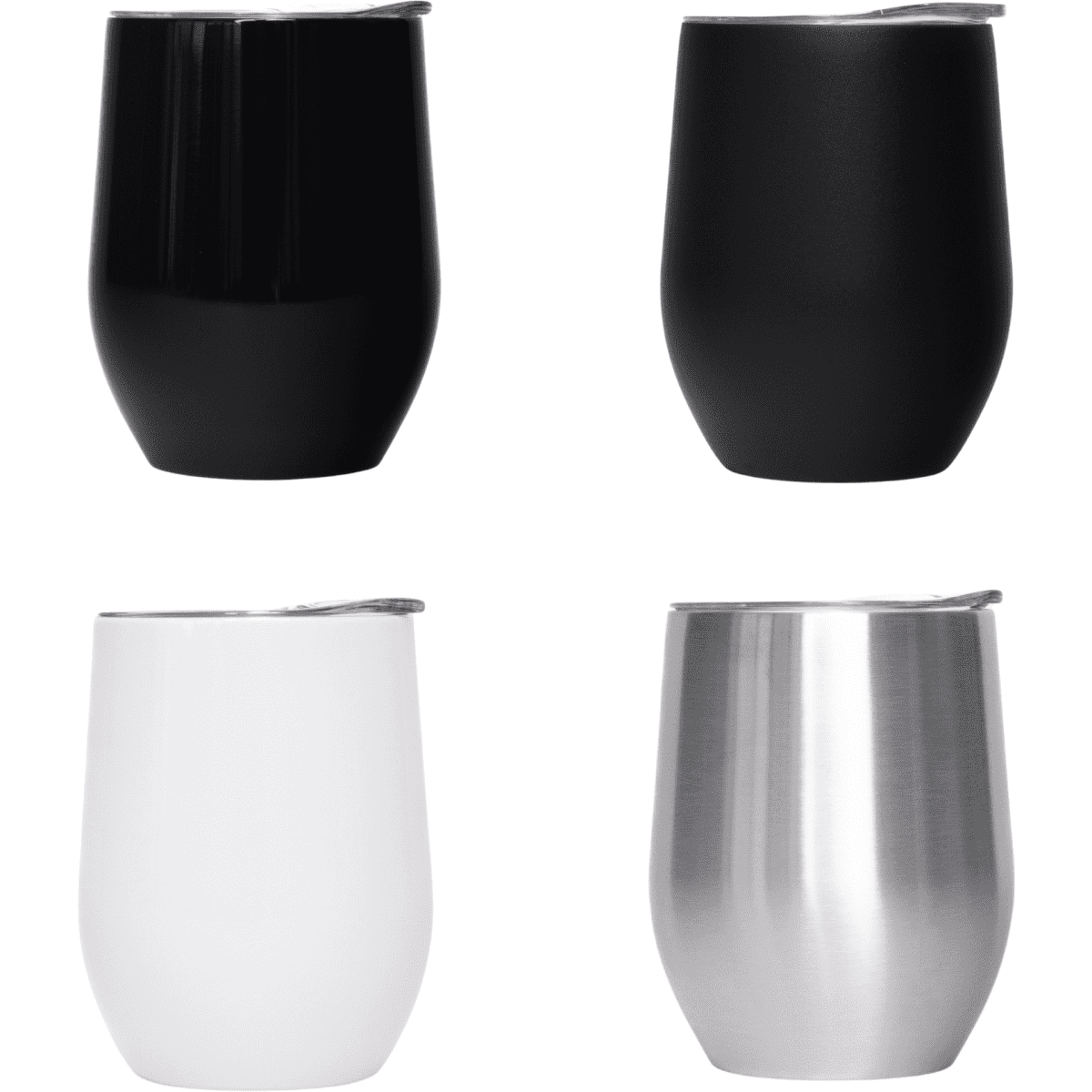 A collection of four travel mugs in black, white, and stainless steel finishes, each with a lid and contoured shape.