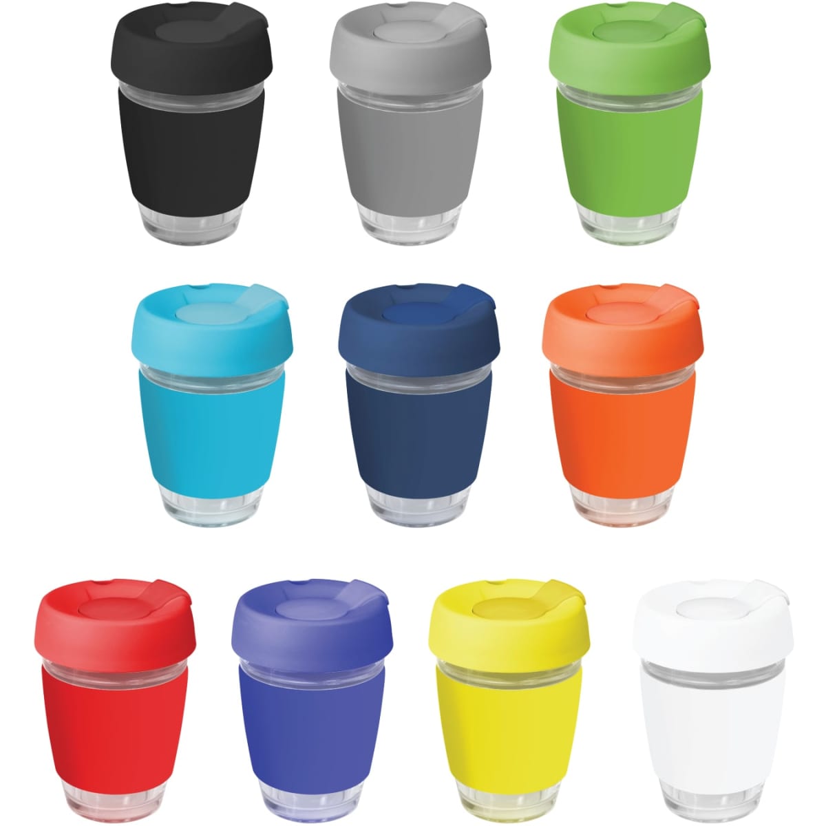 A collection of reusable coffee cups in various colours with silicone lids and bands, featuring a logo on each cup.