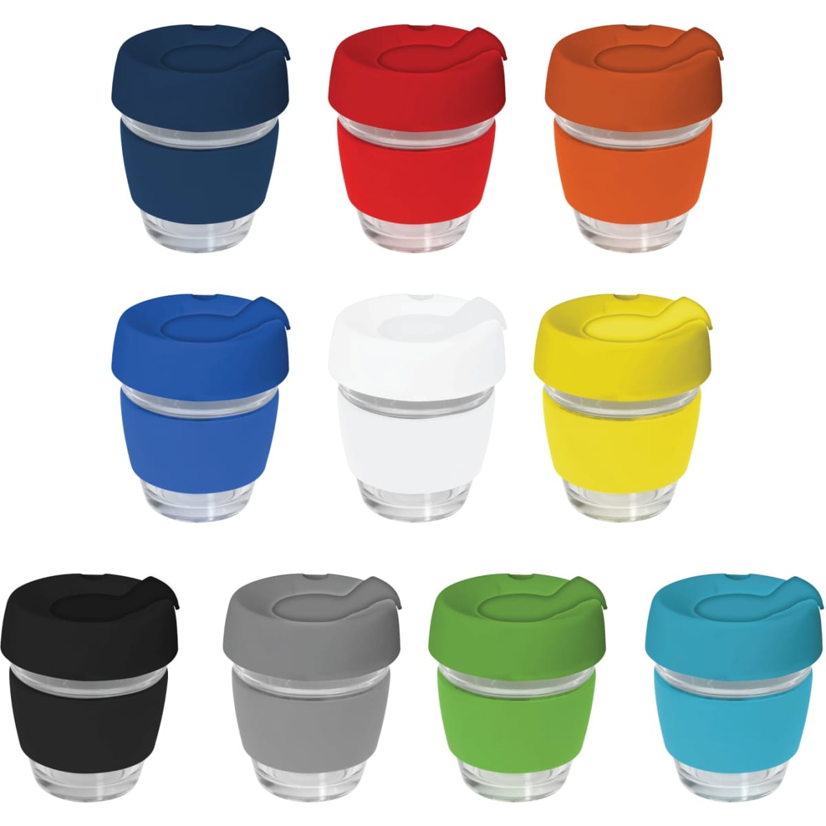 A drink bottle featuring a glass body with a silicone lid and band, available in various colours including blue, red, orange, and green.