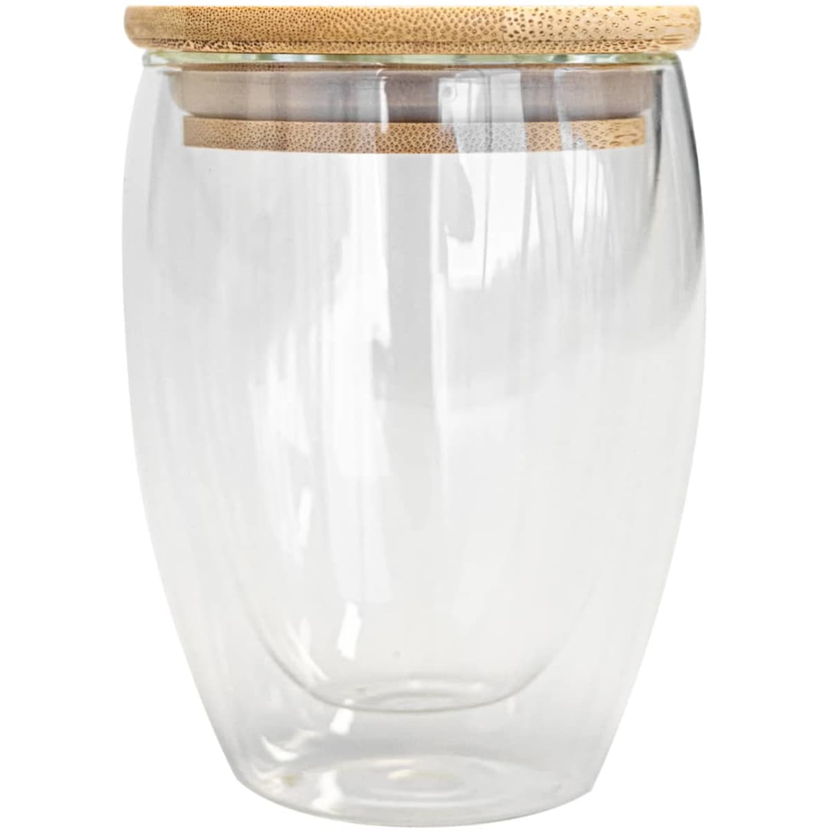 A glass tumbler with a double wall design and a bamboo lid, featuring a transparent finish.