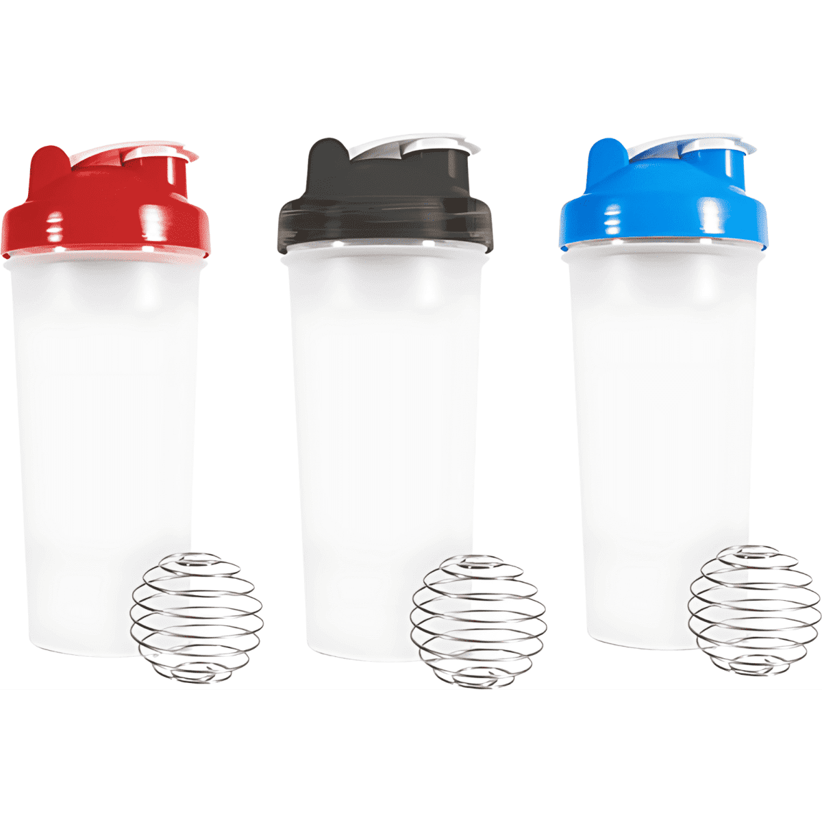 A drink bottle set featuring three 600ml protein shakers in red, black, and blue, each with a silver mixing ball.