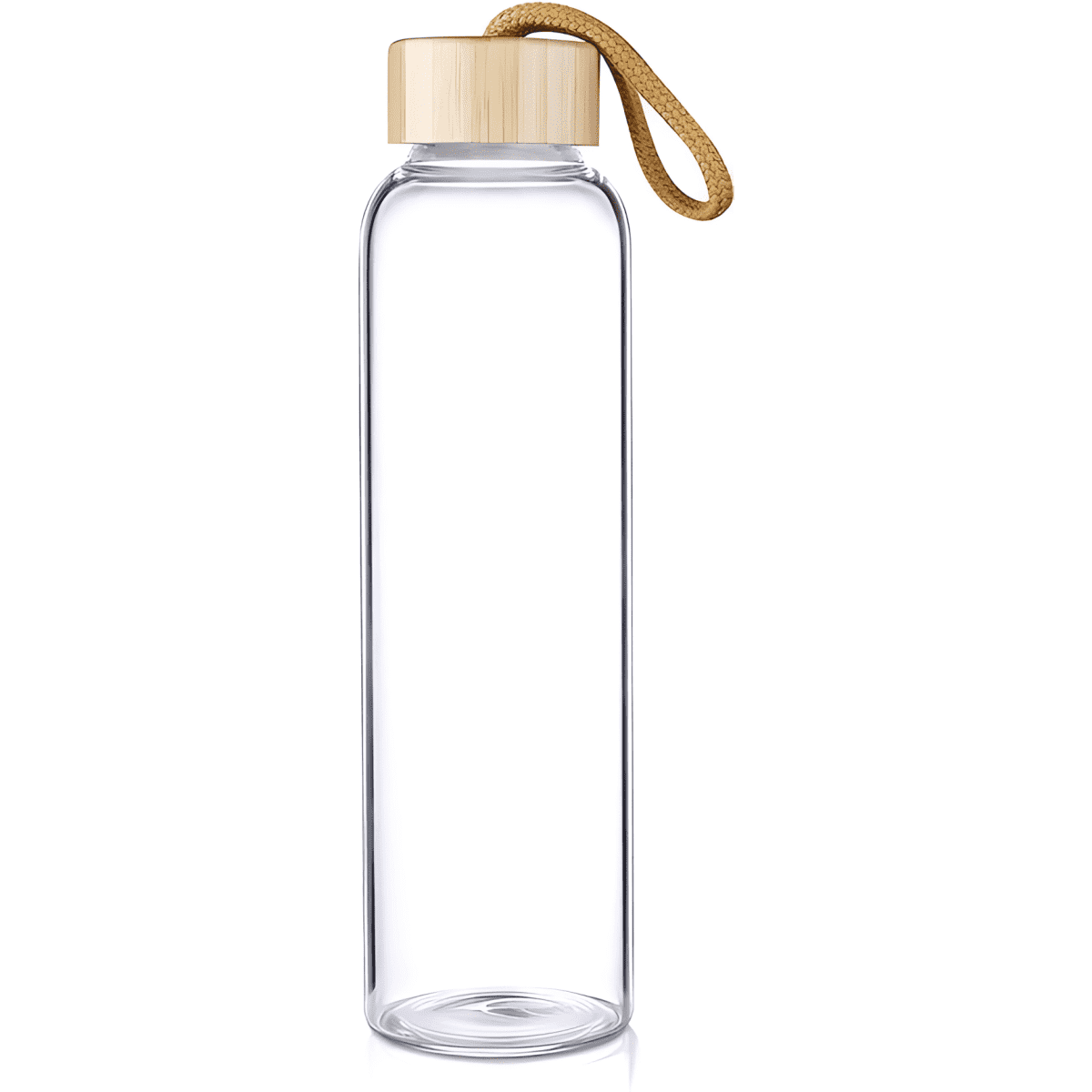 A drink bottle made of clear glass with a bamboo lid and a rope handle.